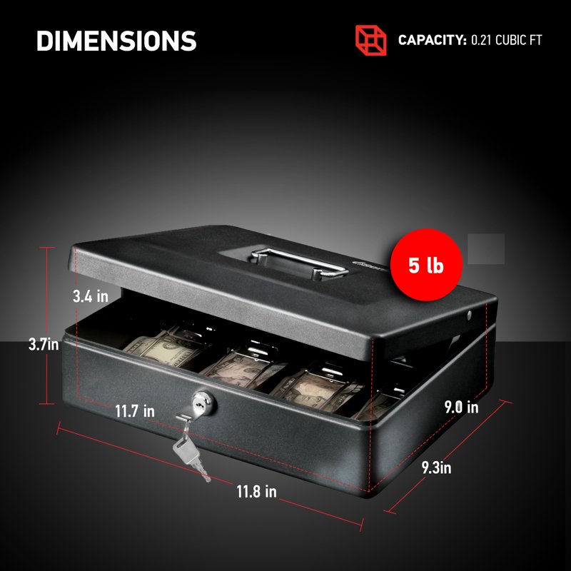 SentrySafe Deluxe Cash Box with Key Lock, 0.23 cu ft Secure Money Organizer