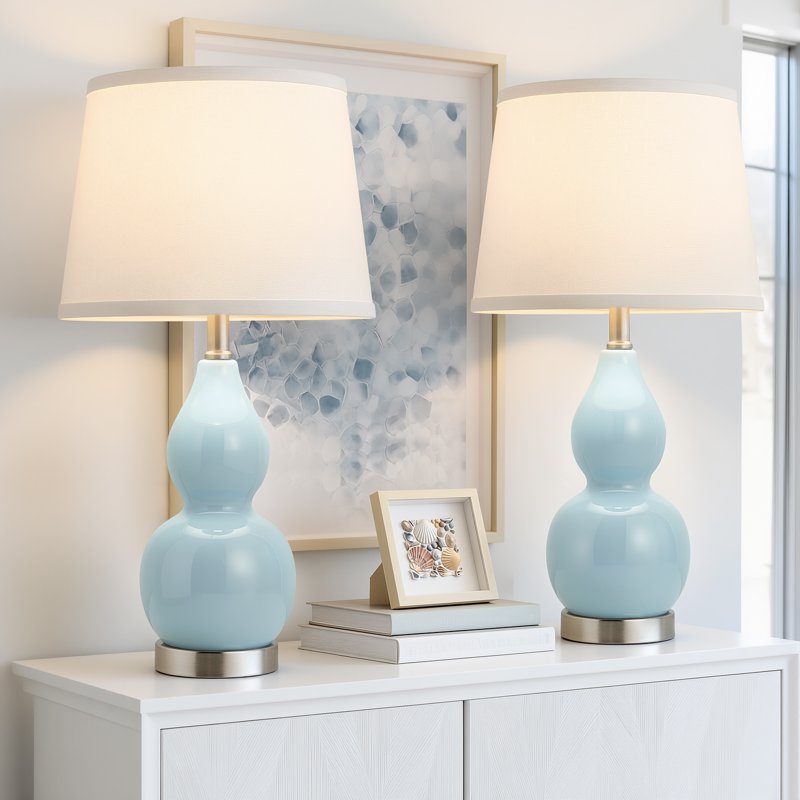 Set of 2 Modern Ceramic Table Lamps for Living Room Bedroom Office Sky Blue