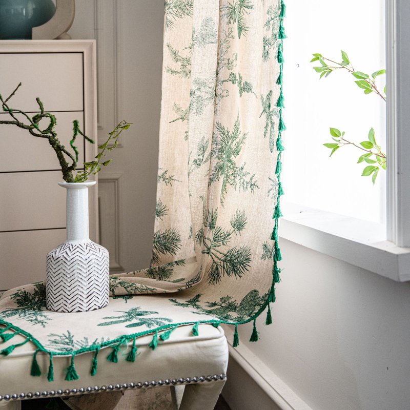 Green Pine Cone Printed Curtain - Semi Blackout Cotton Linen Home Decor