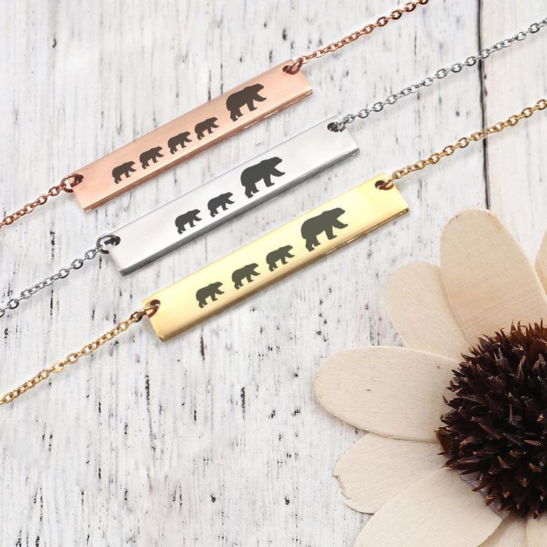 Personalized Mama Bear Cub Necklace - Custom Engraved Family Jewelry - Stainless Steel Gift for Mom in Rose Gold, Silver, Gold