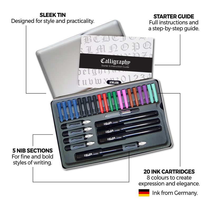 Calligraphy Pen Set with 32 Nibs & Ink Cartridges in Gift Tin