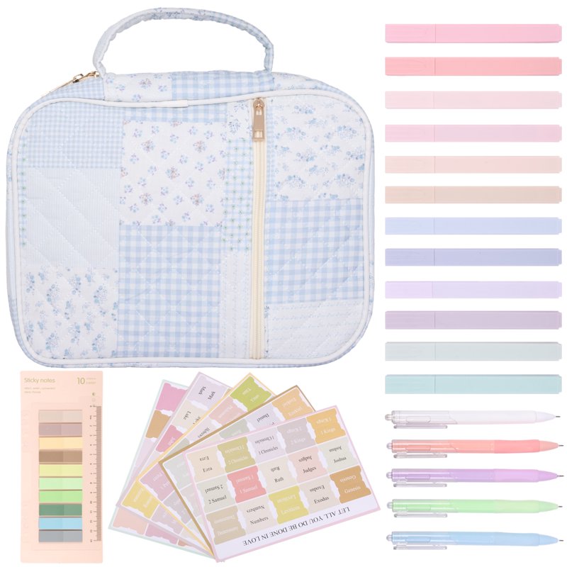 Blue Quilted Bible Cover Case for Women – Large Carrying Bag with 5 Pens, 12 Highlighters, 75 Bookmarks & 200 Labels
