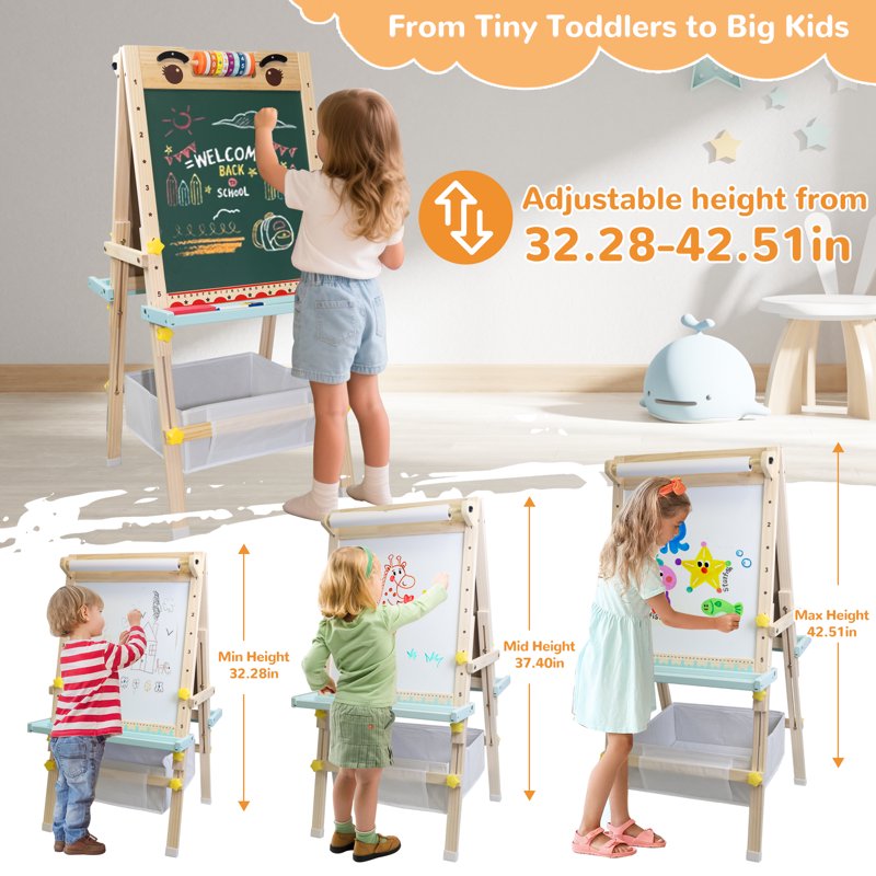 Kids Art Easel with Paper Roll Double-Sided Adjustable Drawing Board with Accessories