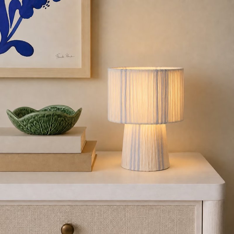 Natural Raffia Accent Lamp with Blue and White Stripes - 10 Inch