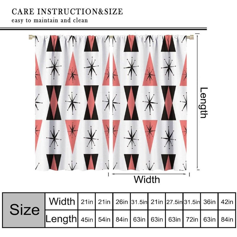 Retro 50s Atomic Pattern Curtains - Black, White, Coral Pink - Window Treatments, Thermal Insulated, 2 Panel Sets