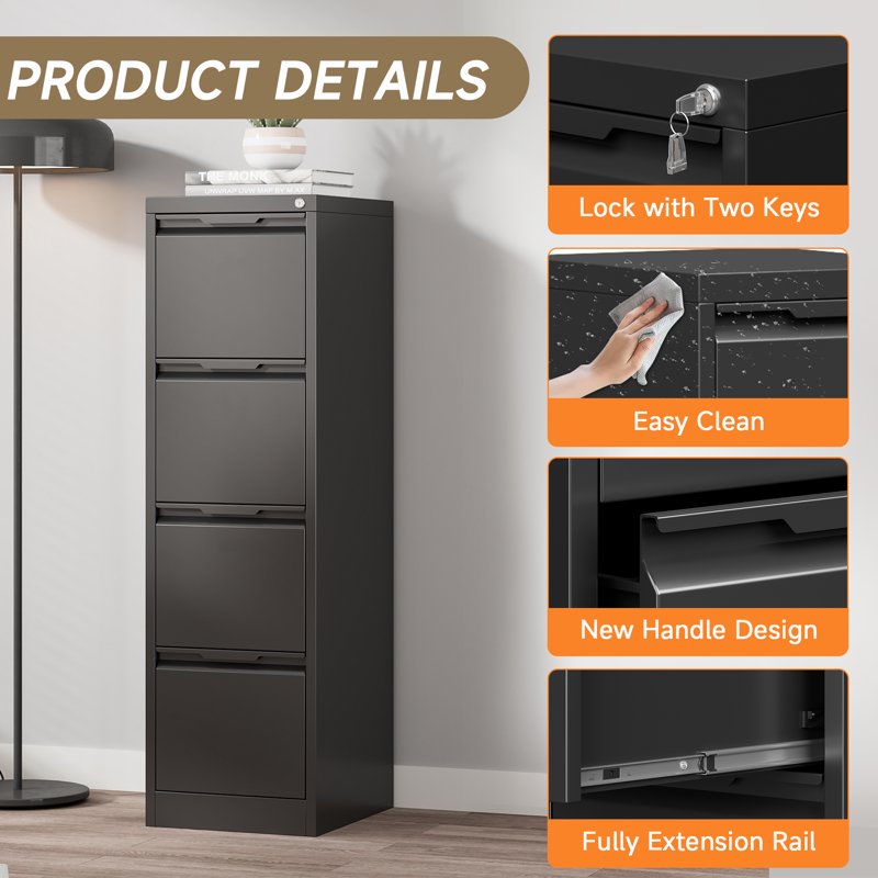 4 Drawer Metal File Cabinet with Lock - Vertical Home Office Storage