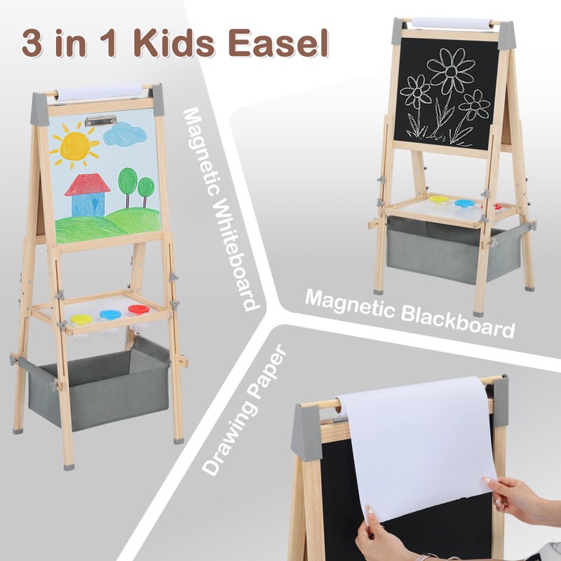 Double-Sided Kids Art Easel with Adjustable Height & Art Supplies - 3-in-1 Wooden Play Station