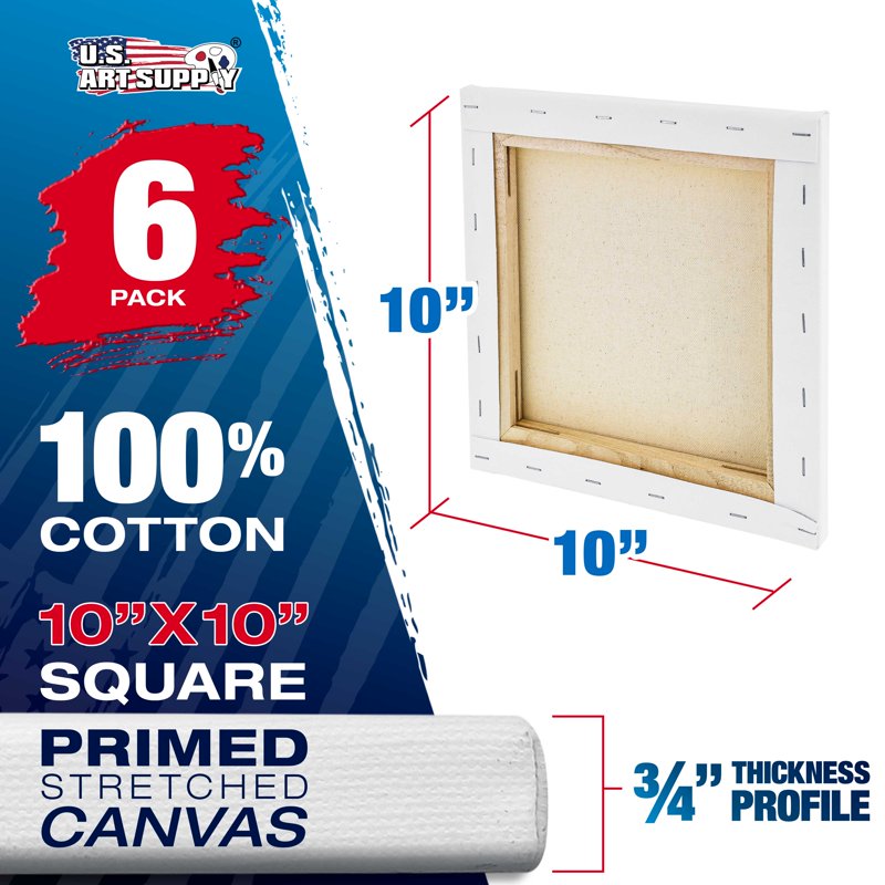 6-Pack Heavy-Weight 10x10 Inch Stretched Canvas for Painting - Triple Primed Cotton Art Supplies