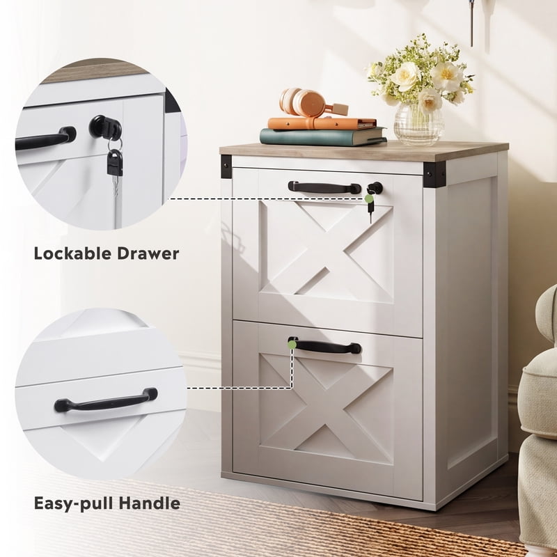 2-Drawer File Cabinet with Lock and Key, Farmhouse Style, White