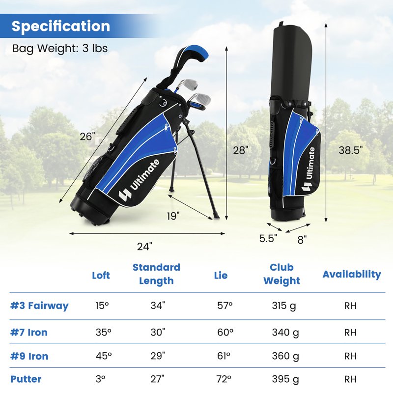 Gymax 28'' Portable Junior Golf Club Set for Kids 8+ - Blue (5-Piece)