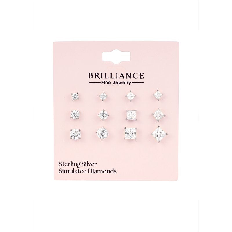 Sterling Silver Simulated Diamond Earring Set - Round & Square Studs, Multiple Sizes