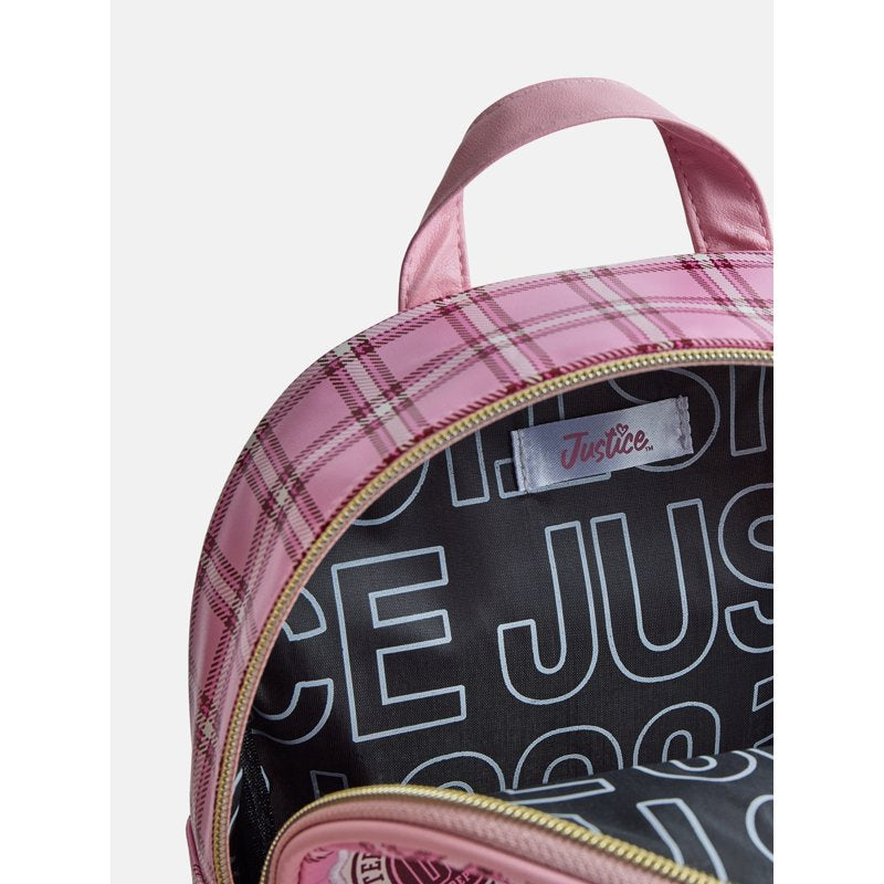Girls Mini Backpack with Plaid Pattern and Adjustable Straps - Pink, Purple, Silver Options