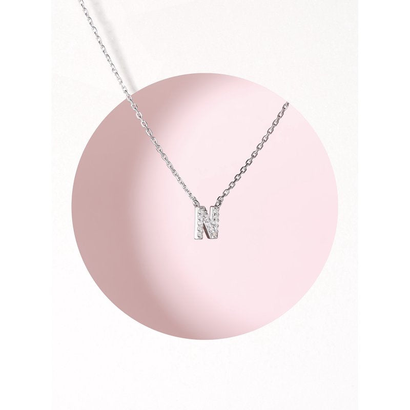 Sterling Silver Initial Letter N CZ Necklace 18 Inch Pendant for Women