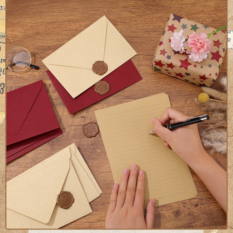 Vintage Stationery Set with Kraft Paper Envelopes and Wax Seals - 36 Pieces