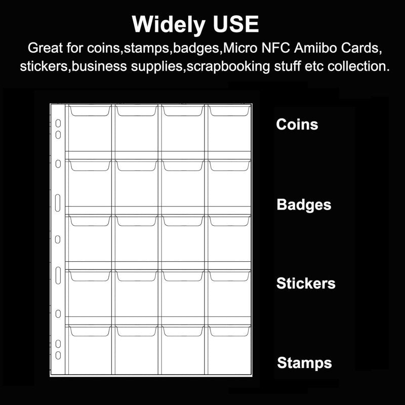 Coin Collection Pages with 20 Pockets - Fits Binders, Durable Plastic Storage