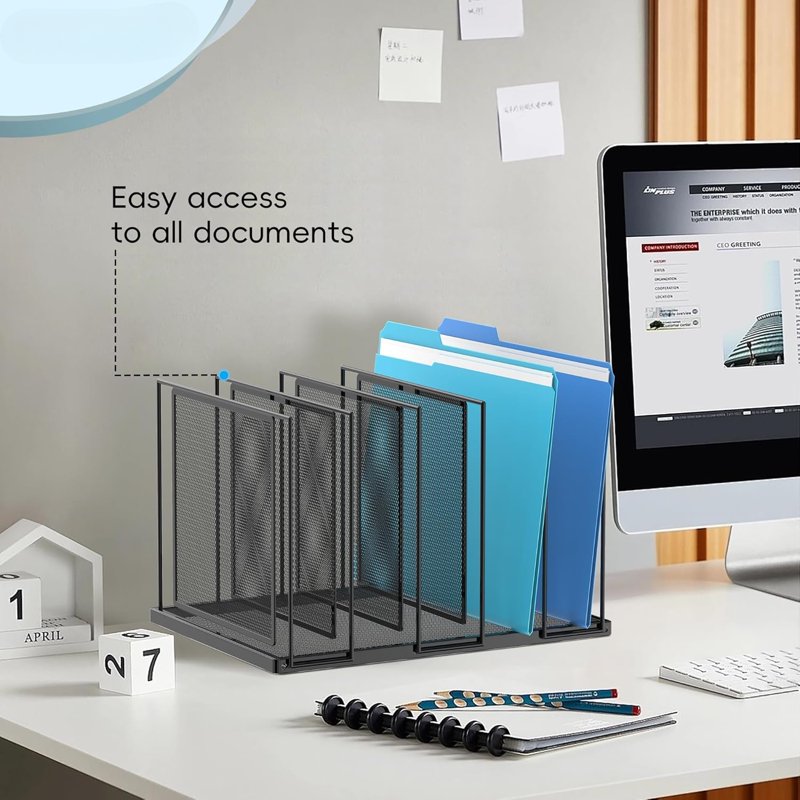 Vertical Desktop File Organizer - Metal Mail & Document Sorter, Multi-Compartment, Black