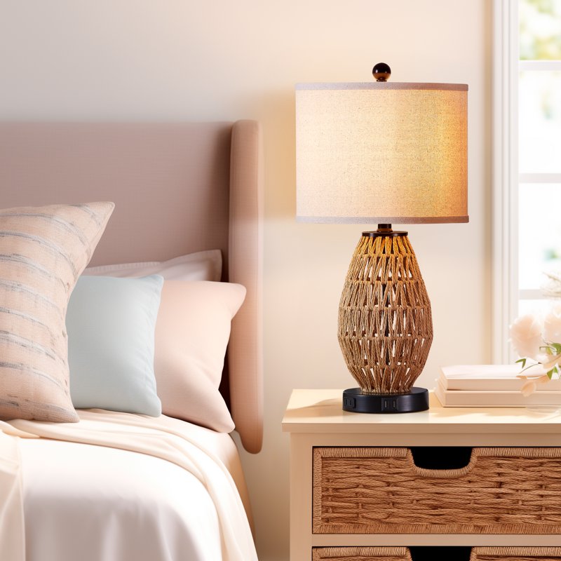 Modern Rattan & Linen Table Lamps with USB & AC Outlet - Touch Control, Dimmable Nightstand Lighting