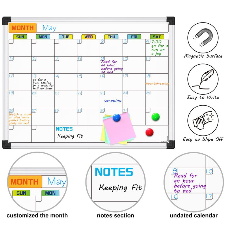 Magnetic Dry Erase Calendar Whiteboard Wall Mount for Home Office Classroom