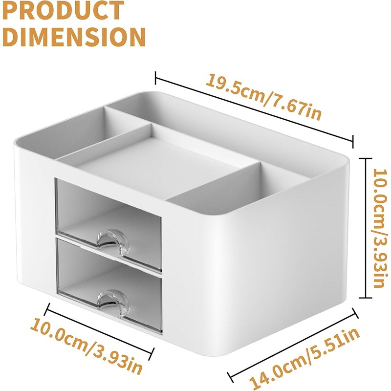 Multi-Functional Pen Organizer with 2 Drawers and Compartments - White Desk Storage