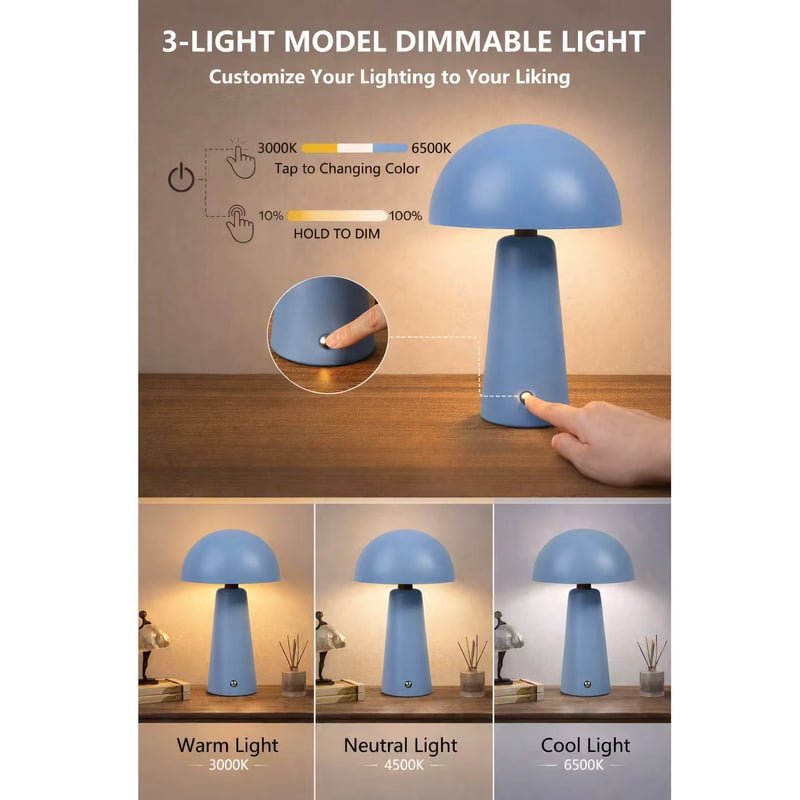 Rechargeable LED Table Lamp with Dimmable Touch Control - Blue Dome