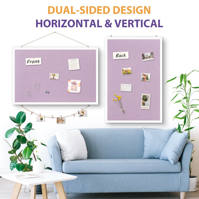 Purple Linen Bulletin Board - 36x24 Inch Wall Pinboard with Cork & Wood Frame