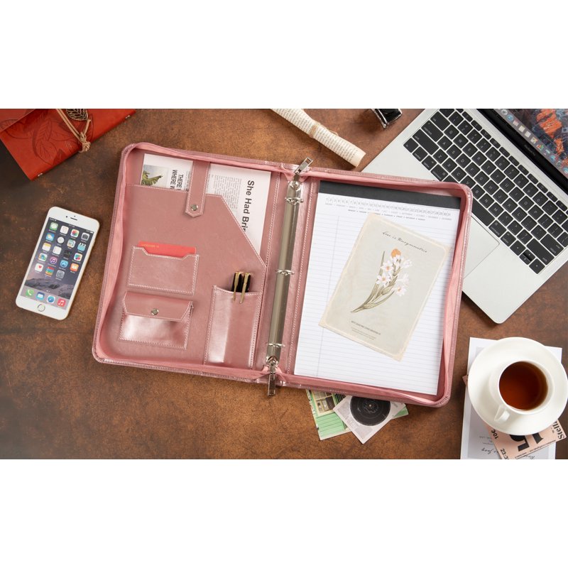 Vegan Leather Portfolio with Zippered Binder, 3-Ring, Business Organizer, Rose