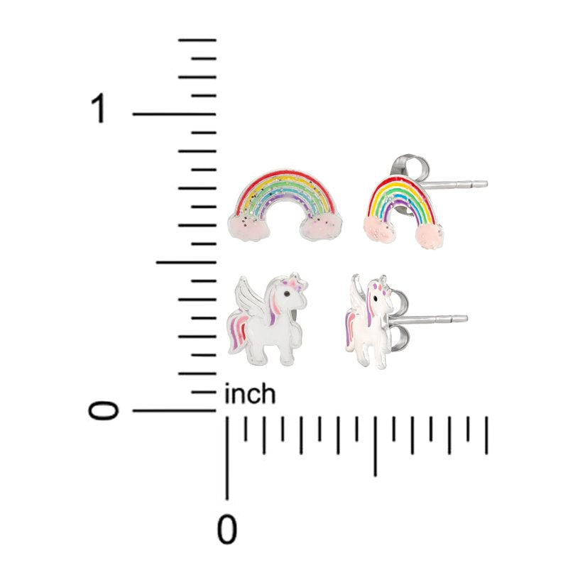 Sterling Silver Rainbow & Unicorn Stud Earrings Set for Girls