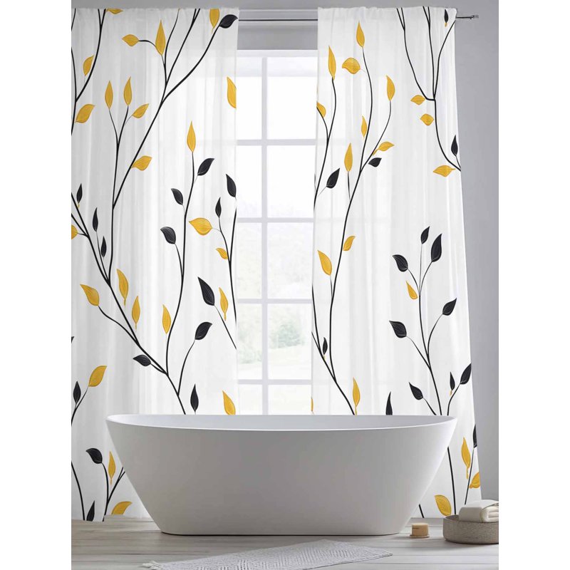 Yellow Sheer Curtains Set 52x84 Inches - Rustic Botanical Leaves Window Treatment