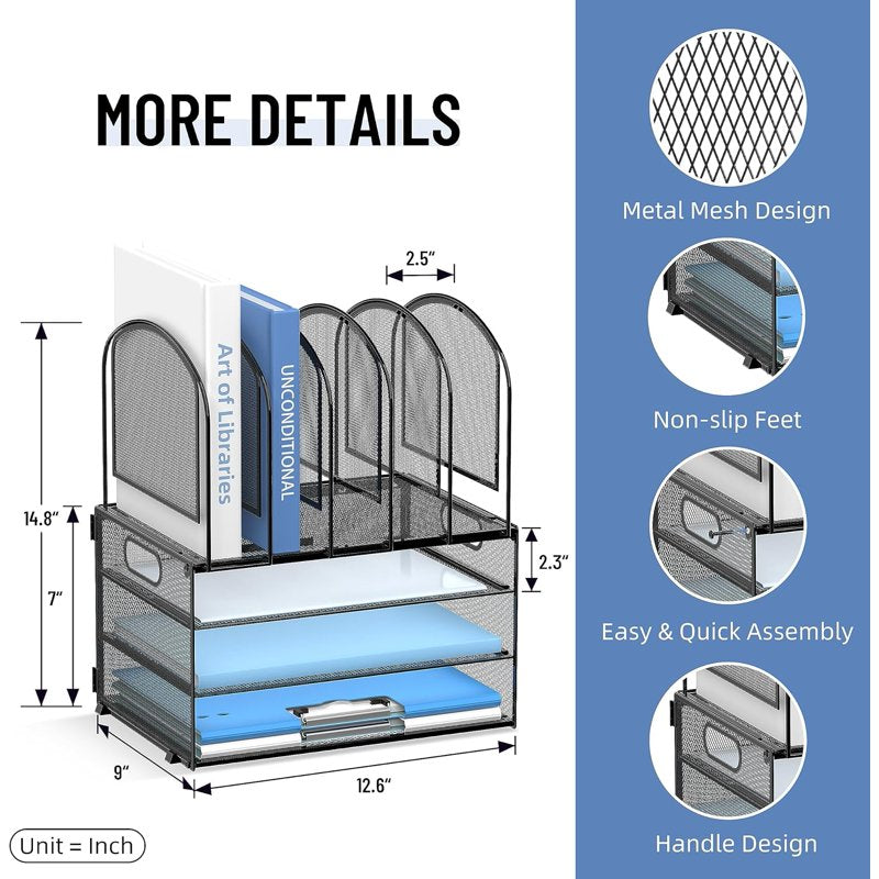 3-Tier Desk Organizer with File Holders - Metal Mesh Office Storage
