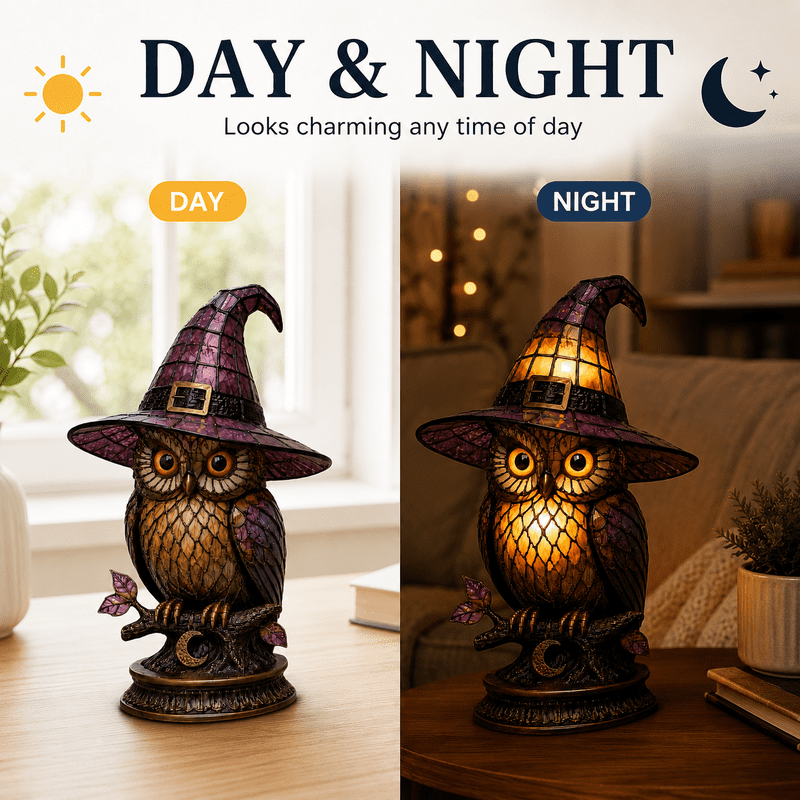 Halloween Witch Owl Night Light - Stained Glass Style LED Table Lamp for Desk & Decor