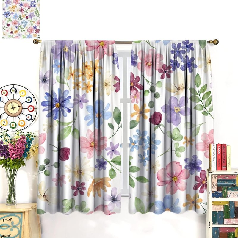 Floral Window Curtains Set - Rustic Flower Watercolor Pattern for Living Room & Bedroom