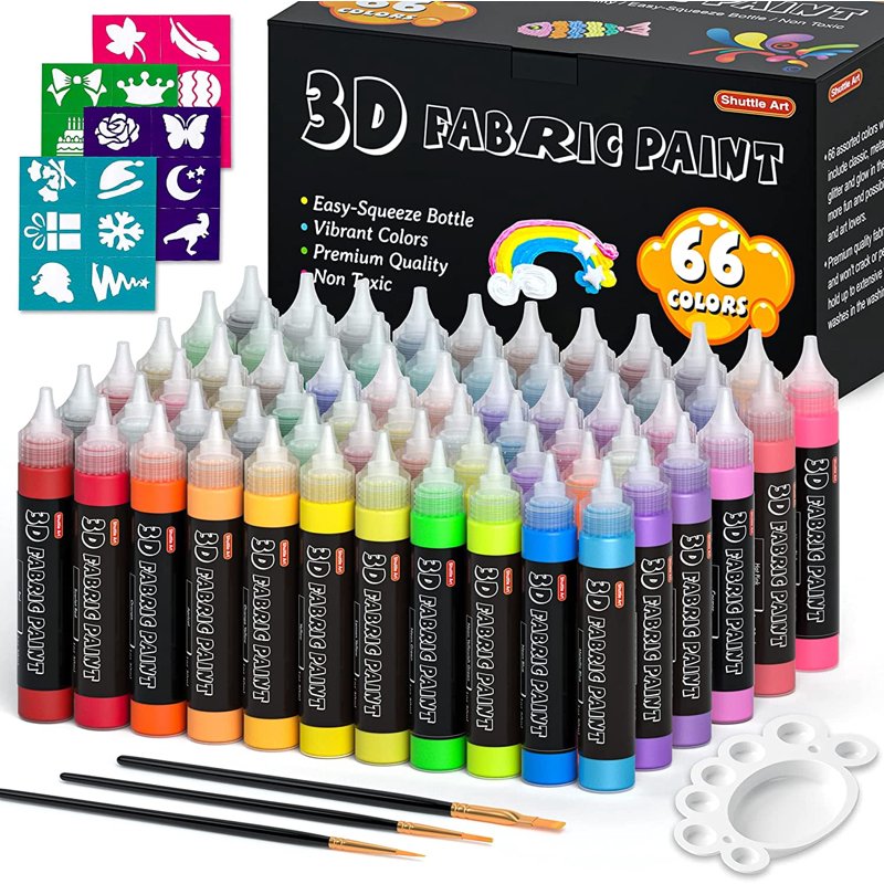 66 Colors Fabric Paint Set with Stencils & Brushes - Permanent Textile & DIY Art Supplies