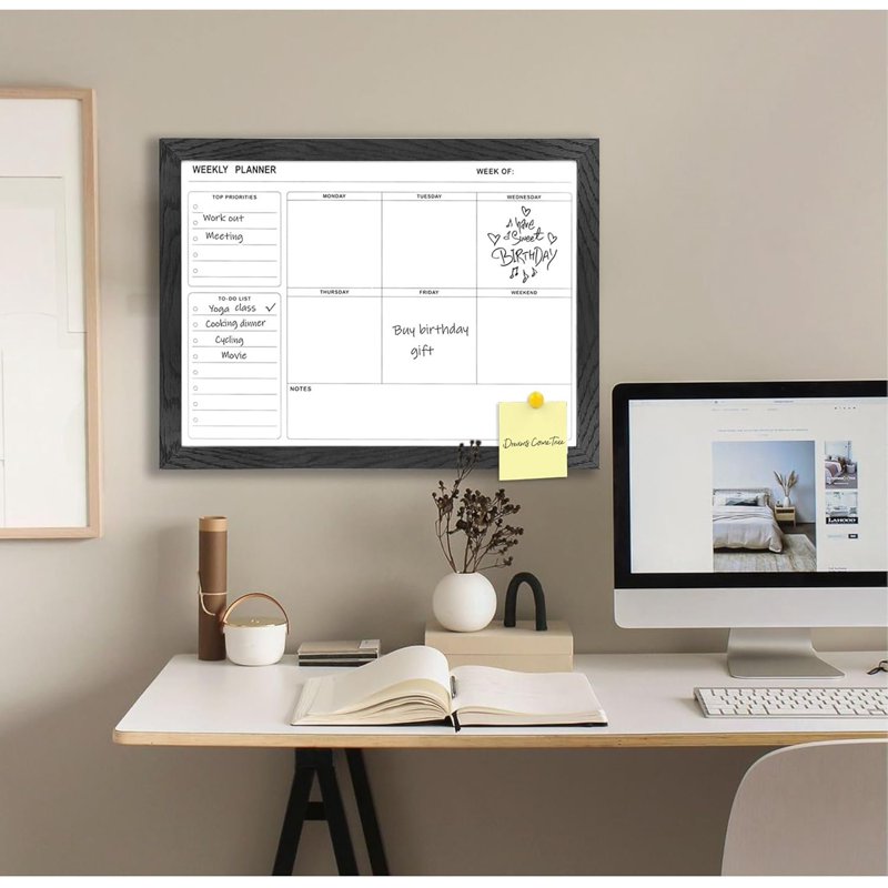Whiteboard Weekly Calendar Dry Erase Planner Wall Mount 16x12 Black Frame