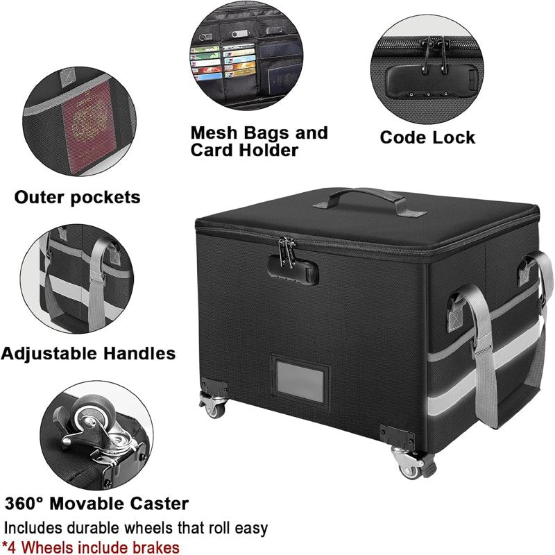 Fireproof Document Box with Wheels Lockable Portable Safe for Home Office