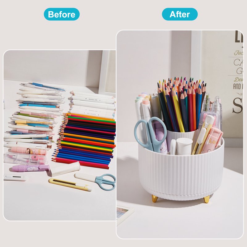 Rotating Desk Pencil Organizer with 5 Compartments - White