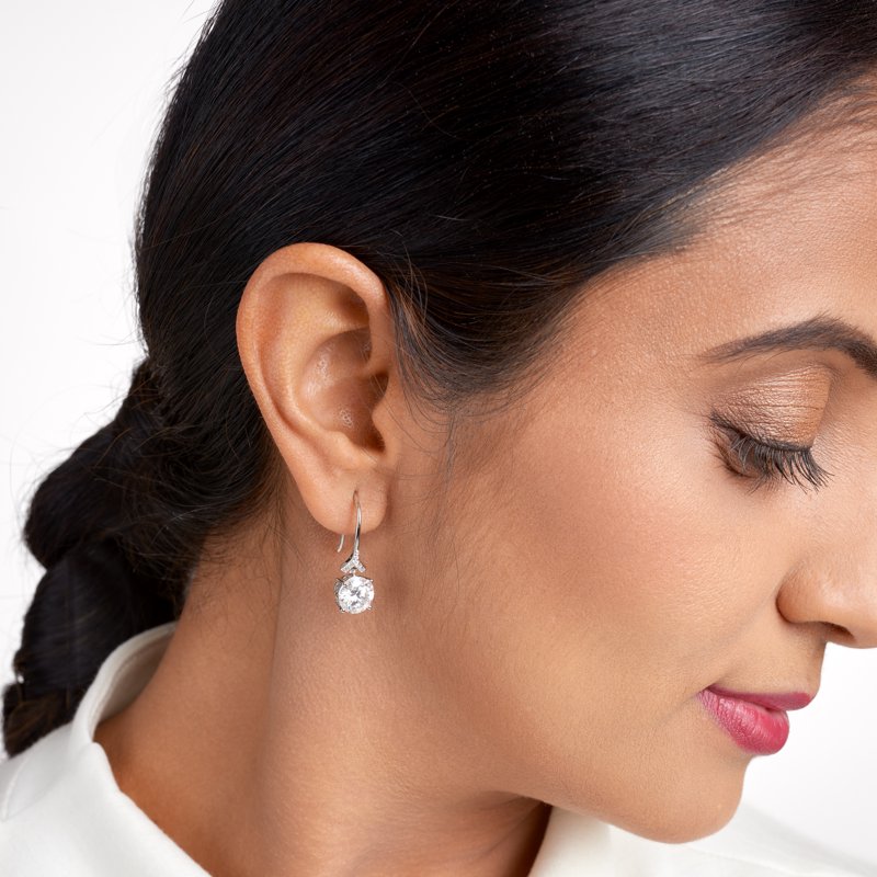 Moissanite Drop Earrings in Rhodium Plated Silver - Elegant Gift Jewelry