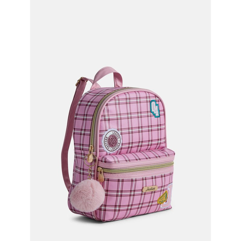 Girls Mini Backpack with Plaid Pattern and Adjustable Straps - Pink, Purple, Silver Options