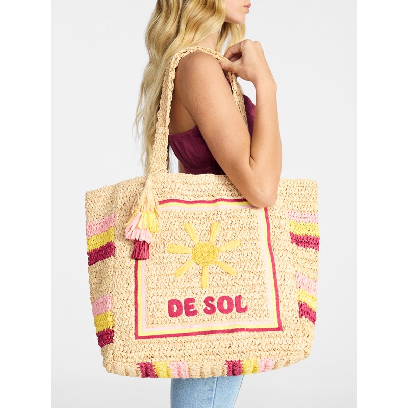 Women's Beach Tote Bag - Large Raffia Summer Bag with Embroidery