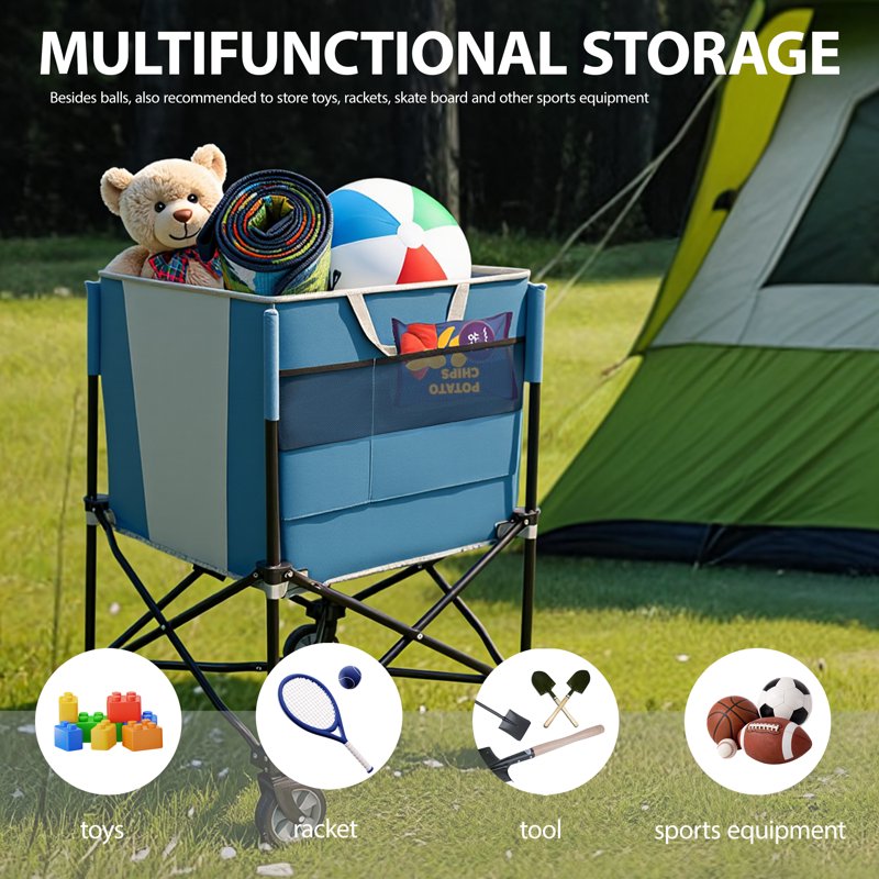 Collapsible Tennis Ball Cart with 360° Wheels – Portable Ball Hopper with Side Pockets