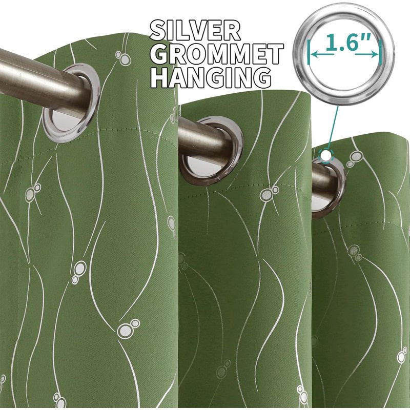 Olive Green Blackout Curtains 95 Inch Length 2 Panels Set - Thermal Insulated Grommet Window Drapes with Wave Dot Print