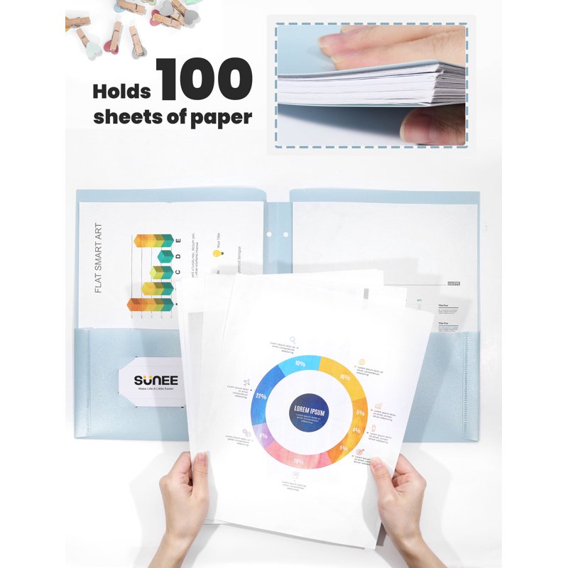 3-Hole Plastic Pocket Folders 6 Pack Pastel Colors for Binders