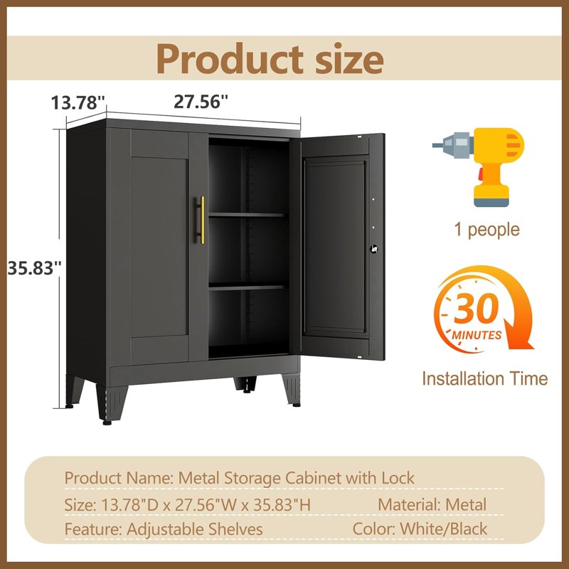 Small Metal Office Storage Cabinet with Lock and Adjustable Shelves, Steel File Cabinet