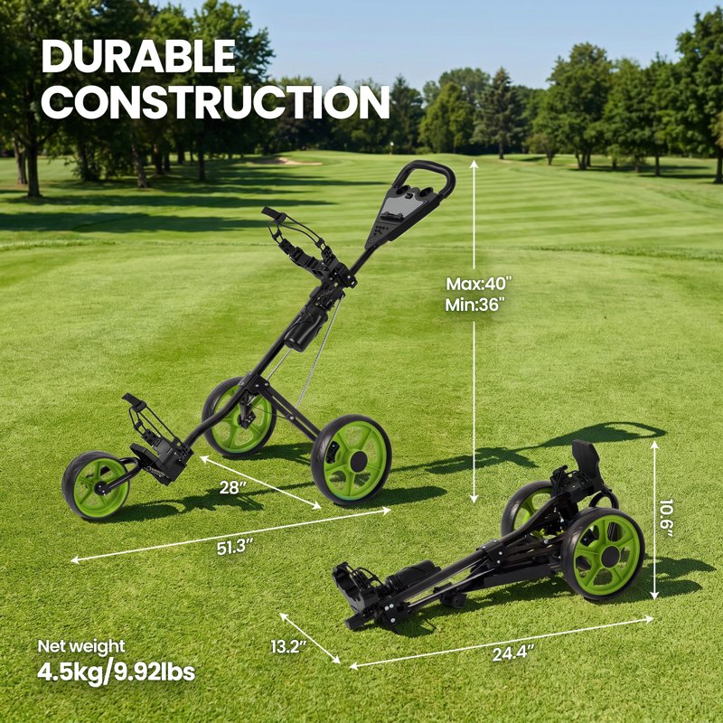 Naipo 3-Wheel Folding Golf Push Cart - Large Wheelbase, Adjustable Handle, Scorecard Holder (Green)