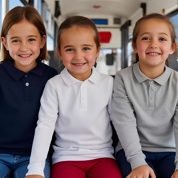 Girls Long Sleeve Polo Shirts 2-Pack - Breathable, Durable & Easy Care