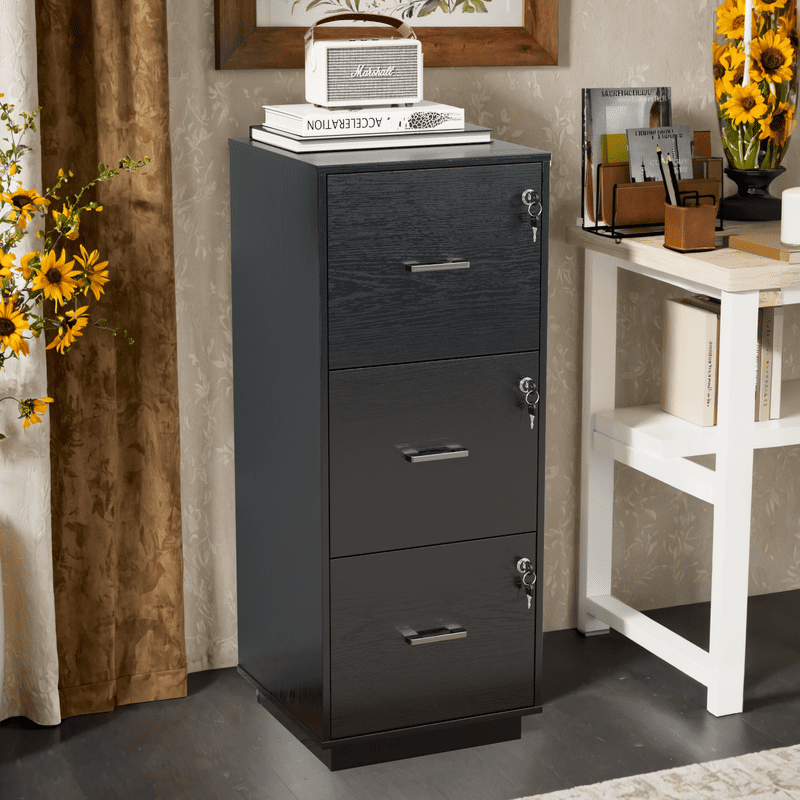 Wood 3-Drawer Lockable File Cabinet for Home Office - Black