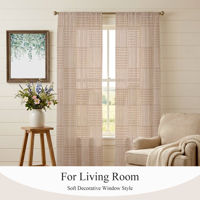 Sheer Curtain Set with Geometric Checkered Lines - Light Filtering Window Drapes for Bedroom & Living Room