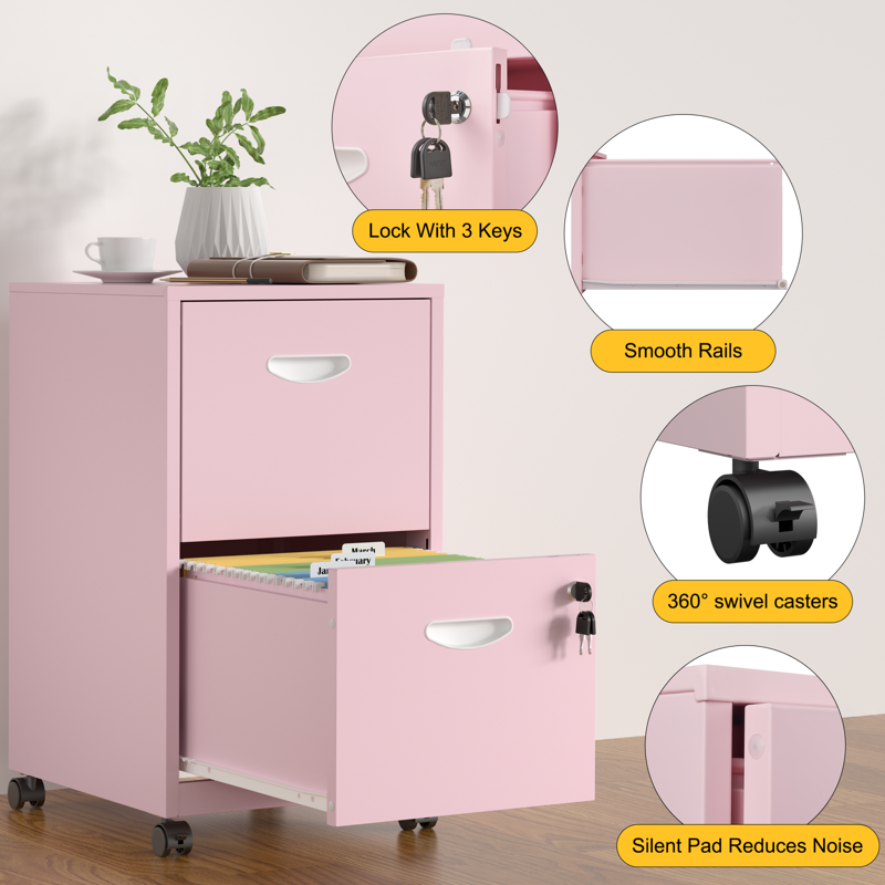 Mobile 2-Drawer File Cabinet on Wheels - Pink Metal Office Storage Organizer