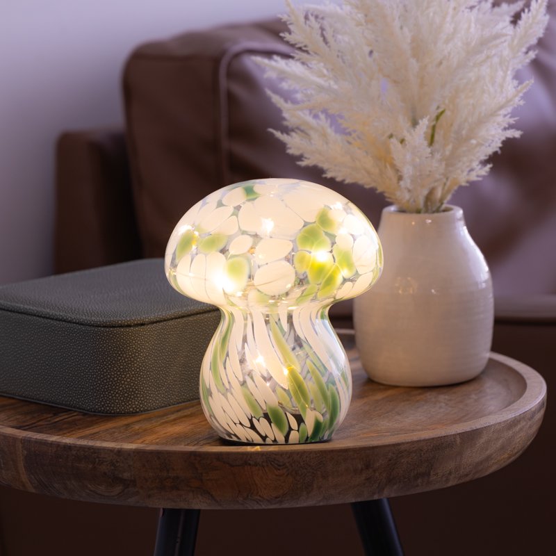 Mushroom Confetti Glass Lamp with Fairy Lights - Sage White Decor