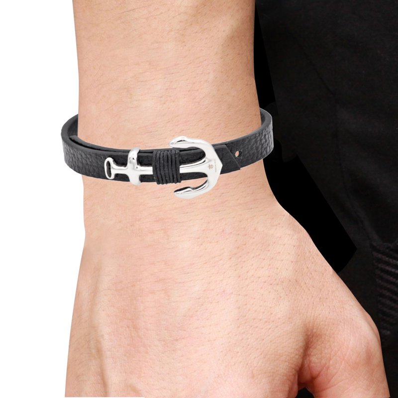 Men's Anchor Leather Bracelet with Adjustable Stainless Steel Clasp - Black, 8.5 inch