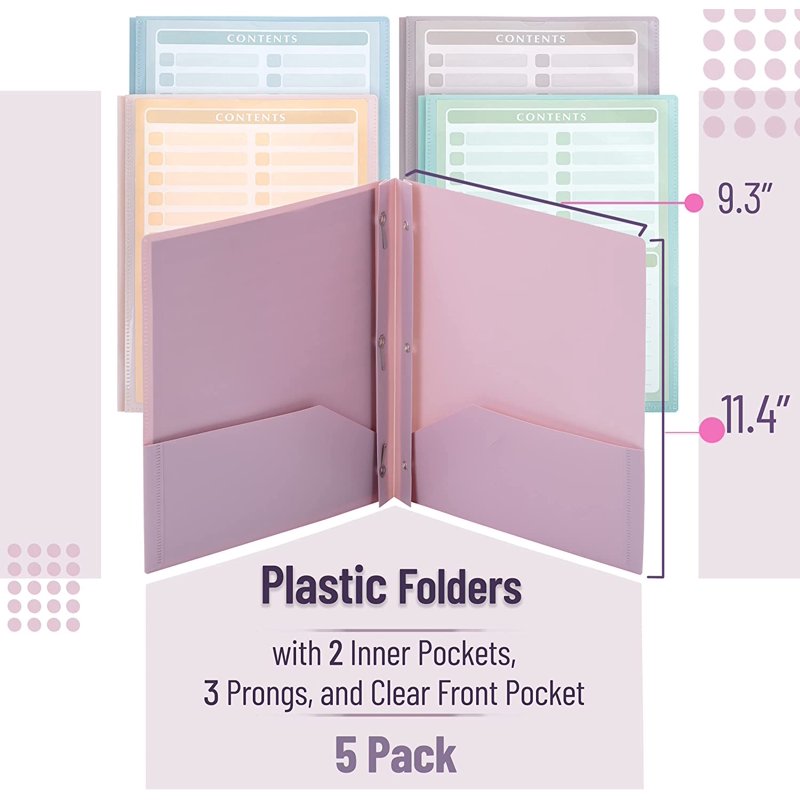 Plastic Pocket Folders Set with Clear Front Pockets - 5 Assorted Colors, 11.4 x 9.3 Inches